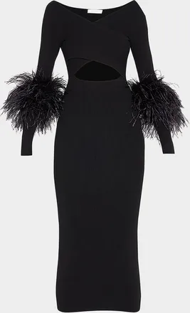 Sally Lapointe Criss-Cross Cutout Midi Dress w/ Feather Trim