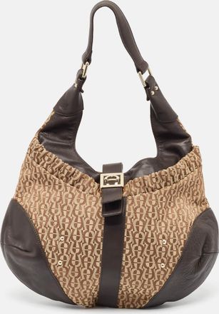 Aigner Brown/beige Monogram Canvas And Leather Logo Flap Hobo