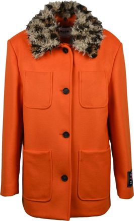 Msgm Long Virgin Wool And Polyamide Coat With Detachable Plush Collar