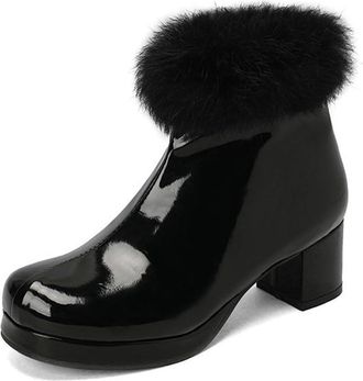 Generic Womens Patent PU Leather Ankle Boots Side Zipper with Faux Fur Trim Decor Comfort Round Toe Block Heel Winter Shoes (Black,7.5)