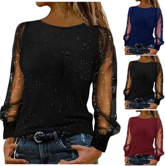Generic Sequin Tops for Women Sparkly Blouses Top Ladies Elegant Dressy Tee Jumper Crew Neck Casual Loose Shirt Women Sequined Patchwork Mesh Long Sleeve Top 