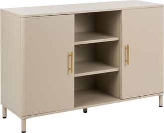Beliani Aparador De Acero 2 Puertas Con Estantes Abiertos Esquinas Redondeadas Tiradores Dorados Beige Ombura