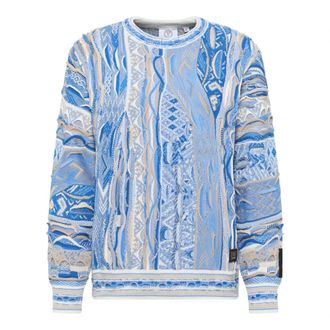 Carlo Colucci Gebreide trui met opvallend patroon - Heren - Ronde hals truien - Blauw - 3XL - Truien & Vesten