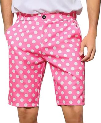 Generic Mens Polka Dot Suit Shorts Elastic Waist Button Dress Short Casual Fashion Business Work Straight Pants Pink