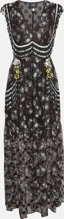 Roberto Cavalli Black Mesh Floral Print Fringed Maxi Dress