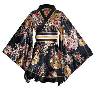 Generic Womens Sexy Short Kimono Costume Adult Japanese Geisha Yukata Prints Gown Fancy Dress with Obi Belt (5 Black, One Size)
