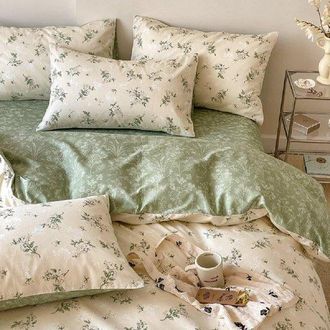 OEM Juego De Ropa De Cama Reversible De 200 X 220 Cm, Algod&oacute;n Con Estampado Floral Beige Y Verde