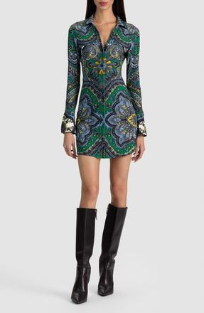 Alice & Olivia Freya Paisley Long Sleeve Minidress in Bon Voyage Deep Emerald at Nordstrom, Size X-Small