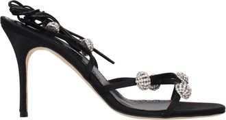 Manolo Blahnik Zwarte Satijnen Sandaal met Strass - Dames - Sandalen met hakken - Zwart - 41 EU - Satijn - Schoenen