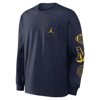Nike Jordan Mens Michigan Academic Max90 Pocket Jordan Brand College Long-Sleeve T-Shirt in Blue | 0JTA41SMWN-U1K