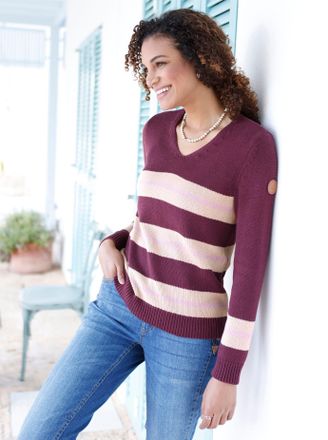 Casual Looks V-Ausschnitt-Pullover CASUAL LOOKS Pullover, Damen, Gr. 48, beige (burgund, beige), 50% Baumwolle, 50% Polyacryl, gemustert, gestreift, mehrfarbig, Pu