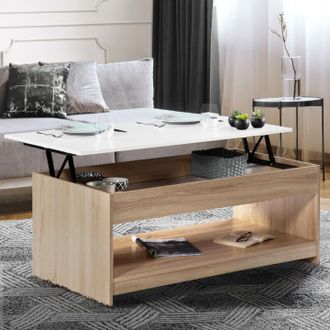 IDMarket Mesa De Centro Elevable Soa En Imitaci&oacute;n Madera De Haya Con Tablero Blanco