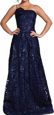 Jovani One-Shoulder Floral Lace A-Line Gown In Navy