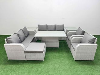 Fimous PE Rattan High Back Lounge Sofa Set Patio Adjustable Lifting Dining or Coffee Table & Chairs Set w/ 3 Seater Sofa Reclining Chair Big