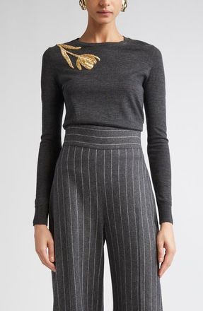 Carolina Herrera Embroidered Long Sleeve Virgin Wool & Silk Crewneck Sweater in Charcoal Grey at Nordstrom, Size X-Small