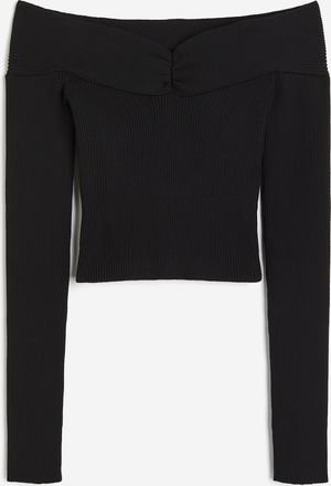 H&M Schulterfreies Shirt in Rippstrick - Schwarz