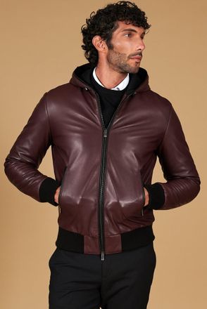 D'Arienzo Giubbotto Bomber in pelle naturale vinaccio con cappuccio DArienzo, Seleziona Taglia 46, Colore Bordeaux