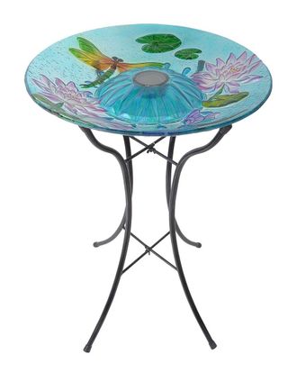 Peaktop Outdoor 18In Hand Painted Dragonfly Fusion Glass Solar Bird Bath