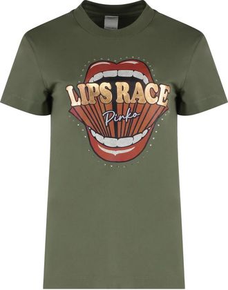 Pinko Katoenen T-shirt met ronde hals - Dames - T-shirts - Groen - M - Katoen - Tops