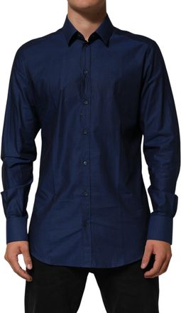 Dolce & Gabbana Blue Cotton Collared Men GOLD Dress Mens Shirt