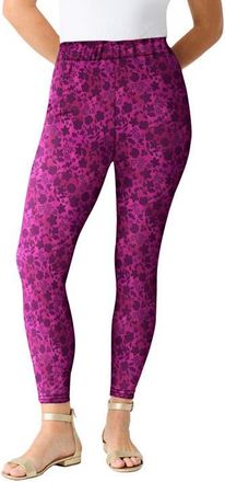 Roaman's Plus Size Essential Stretch Ankle Length Pull On Legging in Raspberry Dahlia Flowers at Nordstrom, Size 5X