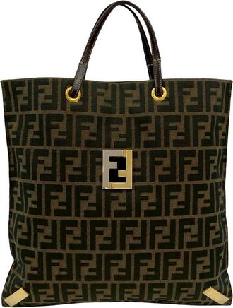 Fendi Black Brown Khaki Canvas Leather Handbag Tote Bag (Pre-Owned)