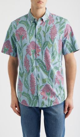 Reyn Spooner Ginger Burst Short Sleeve Button-Down Cotton Blend Sport Shirt in Dusty Blue at Nordstrom, Size X-Large