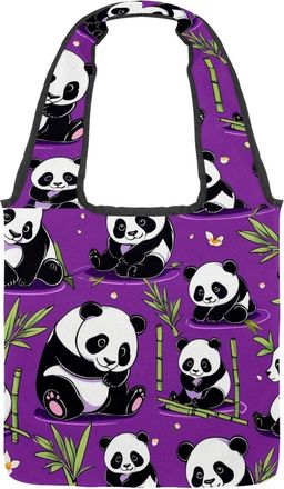 Generic Cute Panda on Purple Reversible Canvas Shoulder Tote - Double-Sided Print, 12oz Cotton, 27cm Drop, Fold-Flat Bag for Travel, Shopping, Street Outings
