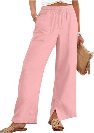Generic Linen Trousers Womens Straight Leg Trousers Elasticated Waist Drawstring Cotton Palazzo Pants Ladies Casual Pants with Pockets Womens Clothing (Pink,L
