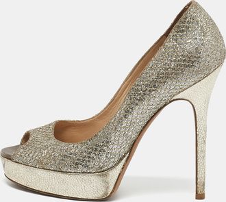 Jimmy Choo London Gold/silver Glitter And Leather Luna Peep Toe Pumps