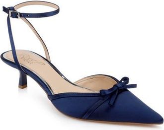 Badgley Mischka Talasia Ankle Strap Pointed Toe Kitten Heel Pump in Navy Satin at Nordstrom, Size 7.5