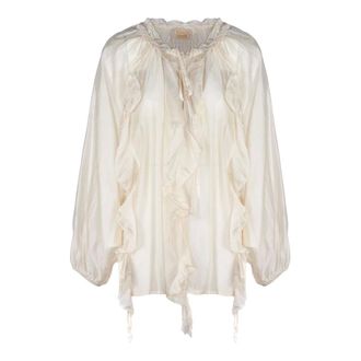 PHO Firenze Blouses, female, Beige, Size: M Ruffled Gathered Blouse