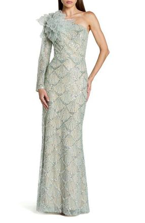 Mac Duggal One Sleeve 3D Flower Sequin Column Gown in Seafoam at Nordstrom, Size 10