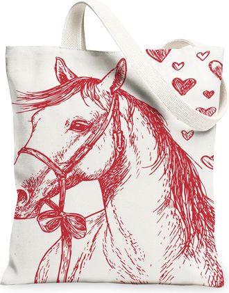 Generic Horse Canvas Tote Bags, Heart Pattern Reusable Grocery Bags, Vintage Lightweight Washable Shoulder Strap for Travel Beach P, Red, 13x15 Inch