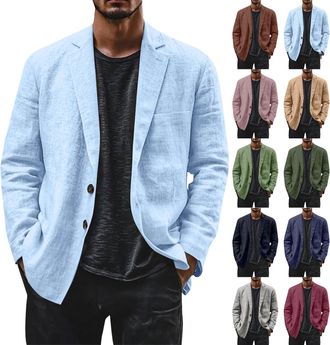 Generic Mens Lightweight Linen Jackets Casual Summer,Light Suit Jackets Men Linen, Casual Notch Lapel Collar Sports Coats Two Buttons Down Outwear Travel Clot
