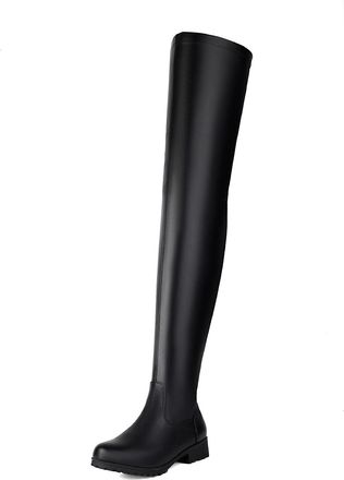 Generic Womens Round Toe Platform Long Boots Flat Heel Over The Knee Boots PU Leather Thigh High Boot with Side Zipper,Black,8.5 UK