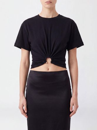 Paco Rabanne T-shirt cropped in cotone con arricciatura e anello