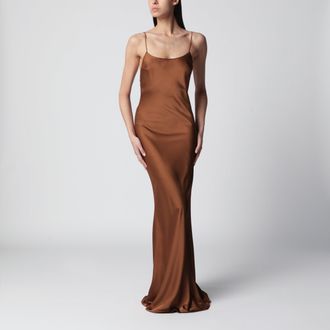 Andamane Ninfea maxi sleeveless dress with ruffles in bronze polyester