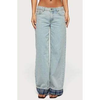 Edikted Plaid Low Rise Cuff Wide Leg Jeans in Light Blue Washed at Nordstrom, Size X-Large