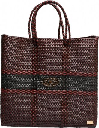 Lola's Bag Womens Medium Woven Stripe Shoulder Strap Tote Bag In Burgundy/black