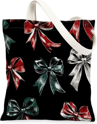Generic Vintage Bows Canvas Tote Bag, Festive Ribbon Pattern Reusable Grocery Bag, Holiday Lightweight Washable Shoulder Strap Canvas Bags for Shopping, Outdo