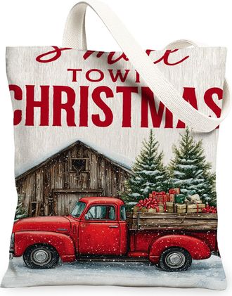 Generic Rustic Christmas Canvas Tote Bags, Vintage Truck Holiday Design Reusable Bags, Winter Lightweight Washable Shoulder Strap C, Red, 13x15 Inch