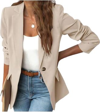 Generic Womens Minimalist Solid Button Lapel Collar Blazer, Business Casual Outfits for Women, Jackets for Women Trendy (Light Khaki,L)