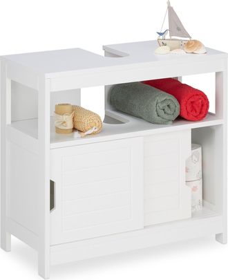 Relaxdays Relaxdays - Mueble De Ba&ntilde;o Bajo Lavabo, 2 Compartimentos, Puertas Correderas, Hueco Para Sif&oacute;n, 60,5 X 60 X 30 Cm, Blanco