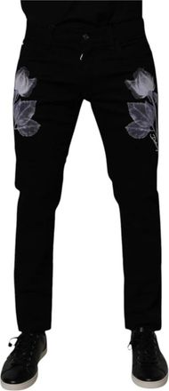 Dolce & Gabbana Zwarte Skinny Jeans met Bloemenprint - Heren - Slim Fit Jeans - Zwart - M - Katoen - Jeans