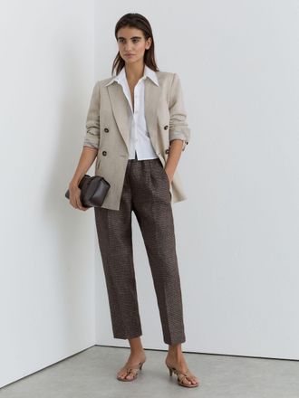 Reiss Brown Woven Linen Cropped Tapered Trousers, 12