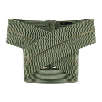 Balmain Off-the-Shoulder Crop Top - female - Balmain - Blouses - Green - XS - Blouses & Shirts