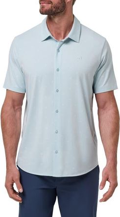 Travis Mathew Shore of It Geo Print Short Sleeve Button-Up Knit Shirt in Azzurro at Nordstrom, Size Xx-Large