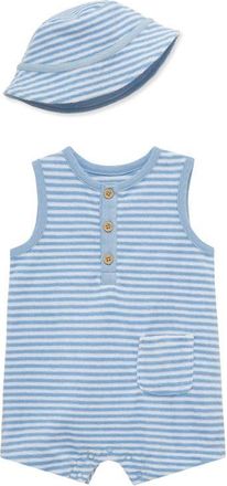 Little Me Stripe Terry Romper & Hat Set in Blue at Nordstrom, Size 12M