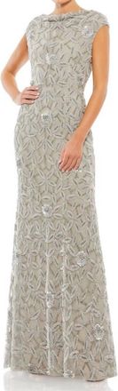 Mac Duggal Cowl Neckline Embellished Sequin Floral Dress In Light Gray